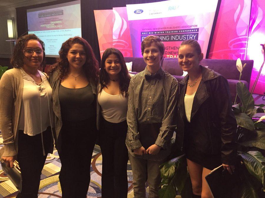 Paw Prints staffers Skyla Segarra, Alexis Villavicencio, Vanessa Gomez, Oliver Bronstein, and Sophie Hough gather after the closing session of National Newspaper Publishers Association mid-winter conference held in Ft. Lauderdale.