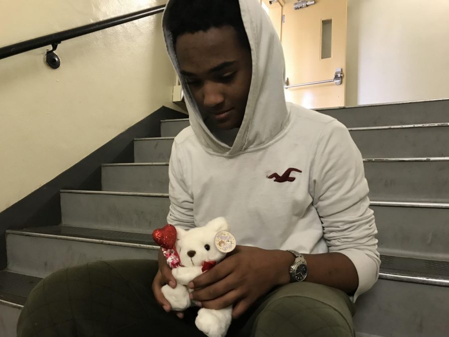 Freshman Sean Vasquez reflects on his single Valentine’s Days while clutching a stuffed bear.
