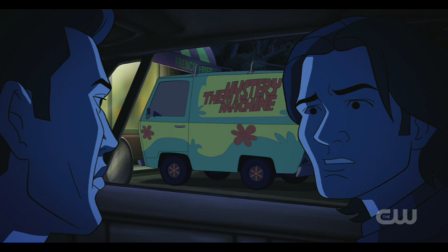 Characters Sam and Dean realize they are in the world of Scooby-Doo.