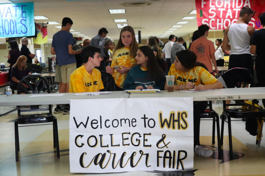 Student Government juniors Noah Katz, Kayla Butter, Liora Tuchman and Gabrielle Skolnick 
welcome incoming guests to the Oct. 30 2019 College and Career Fair. 