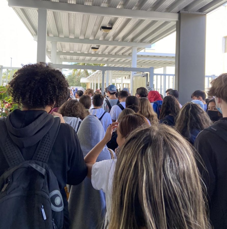 Students evacuate the building during a fire drill on Nov. 3. The breezeway next to the 1400s building is packed with students during dismissals. 