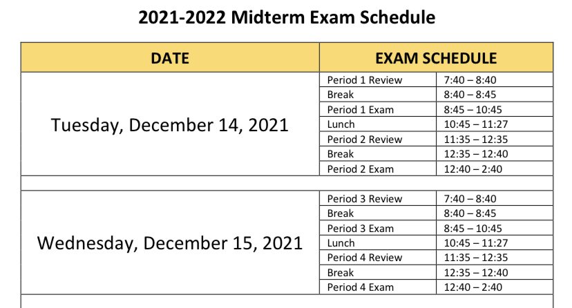 Midterm exam schedule includes a study session prior to each two hour exam period, with two exams each day from Dec. 14-17.