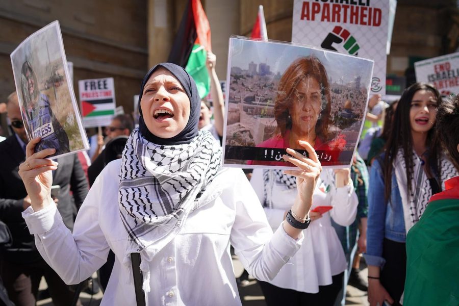 Demonstrators on May 14 in London, protesting the death of Shireen Abu Akleh